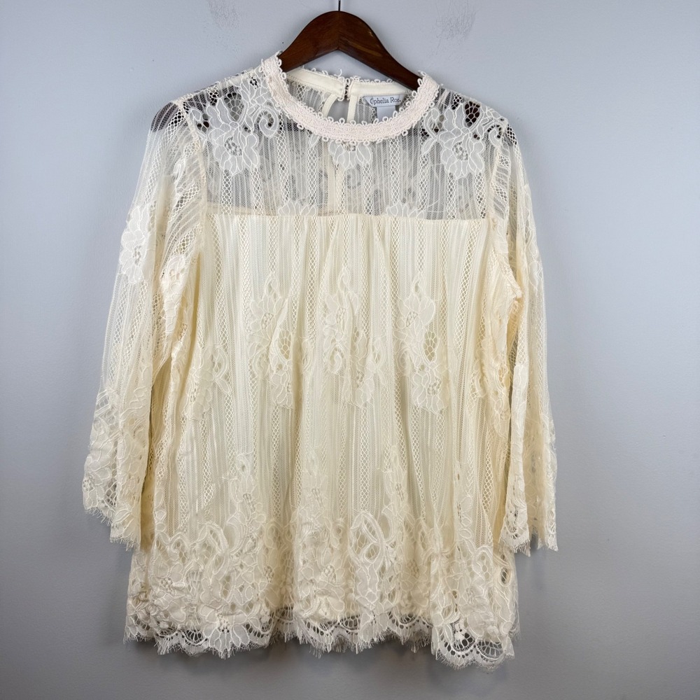 Womens Lace Lined Blouse 1X Cream 3/4 Sleeve Scallop Hem Keyhole Romantic Boho - Picture 2 of 10